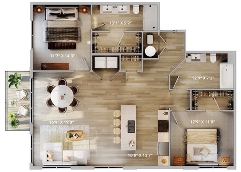 Floor plan for 2 beds, 2 baths, 1255 sqft